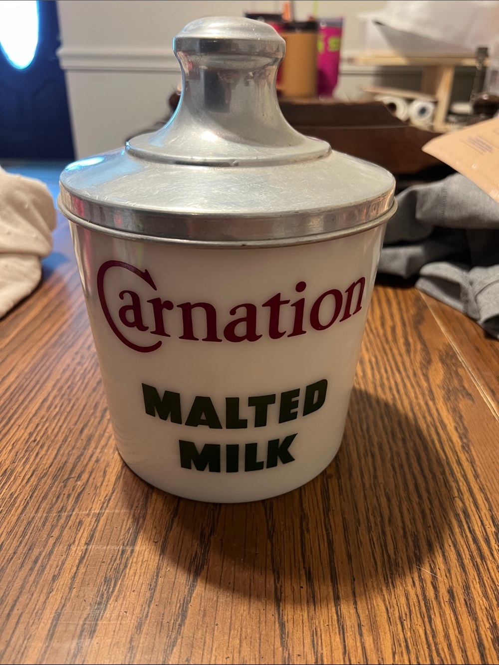 White Glass Malted Milk Canister with Silver Lid